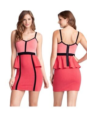 BEBE COLOR BLOCK PEPLUM DRESS